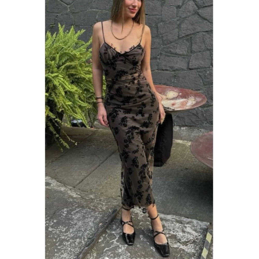 Zara Black and Brown Floral Midi Dress